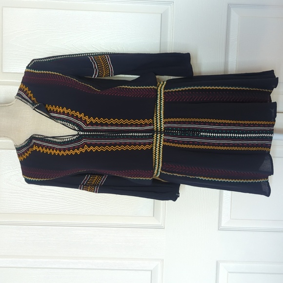 Alice + Olivia Jolene Embroidered Drop Waist Peasant Navy Blue Dress - Picture 3 of 8